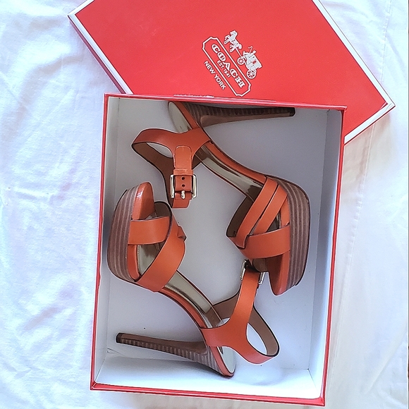 EUC Coach Orange Platform High Heels Shoes Sz 7 w/ Strappy Ankle Buckle with Box - Picture 9 of 16